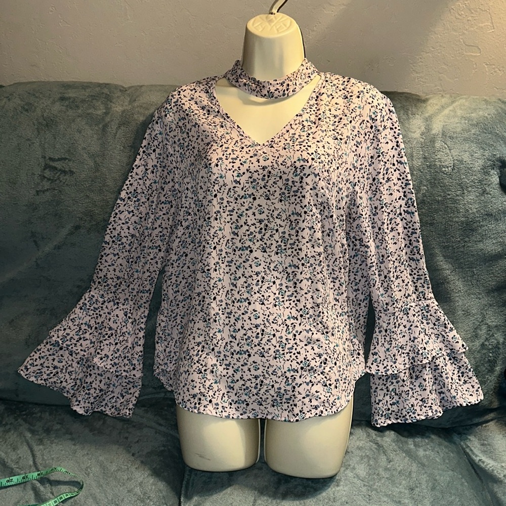 Bongo large pink blue V neck long sleeved blouse with layered bell sleeves